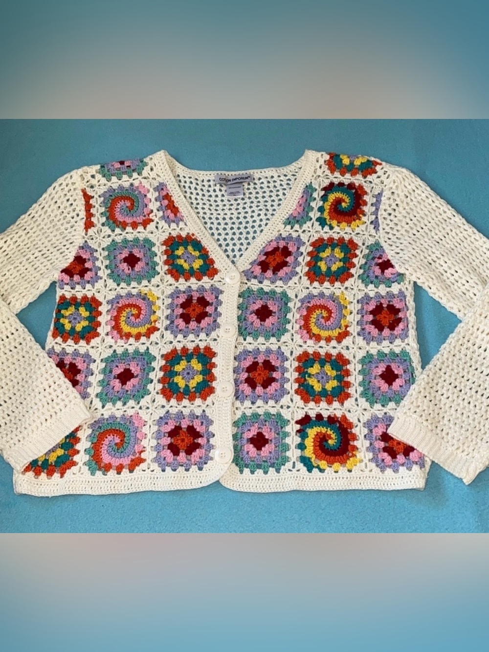 COTTON EMPORIUM crocheted cardigan button up long sleeves granny squares size XL